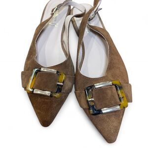 Genuine Suede Slingback Pointed Toe flats with Tortoise Shell Buckle , Brown